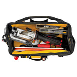 The Cat® 13 in. Wide Mouth Tool Bag features an open, uncluttered interior space for maximum holding capacity. A high-visibility inside floor helps you locate tools and parts quickly. The reinforced bag bottom resists moisture, sagging, tearing and abrasions. 3 outside pockets offer handy storage for the tools, meters and gear you use most often.