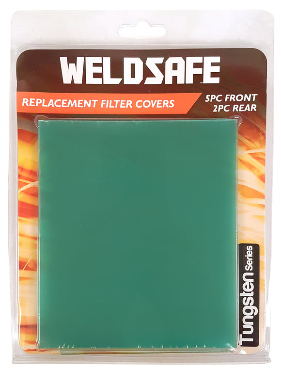 Welding Helmet Replacement Filter Covers Set – Tungsten Compatible with all Weldsafe helmets and many other brands Easy to replace Pack includes 5x Front, 2x Rear Front filter size: 137 x 118mm Rear filter size: 108 x 104mm