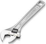 Powerbuilt 150mm adjustable wrench — drop-forged chrome vanadium steel, exceeds ANSI specs, Euro design handle. 25mm jaw opening. Shop at Herbos Equipment.