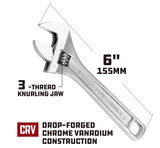 Powerbuilt 150mm adjustable wrench — drop-forged chrome vanadium steel, exceeds ANSI specs, Euro design handle. 25mm jaw opening. Shop at Herbos Equipment.