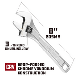 Powerbuilt 200mm adjustable wrench — drop-forged chrome vanadium steel, exceeds ANSI specs, Euro design handle. 30mm jaw opening. Shop at Herbos Equipment.