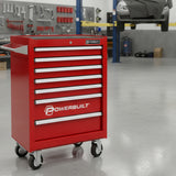 Powerbuilt RMS6156 7-drawer roller cabinet in Racing Red. 34.9kg per drawer, ball-bearing slides, lockable, heavy-duty castors. NZ workshop ready.