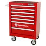 Powerbuilt RMS6156 7-drawer roller cabinet in Racing Red. 34.9kg per drawer, ball-bearing slides, lockable, heavy-duty castors. NZ workshop ready.