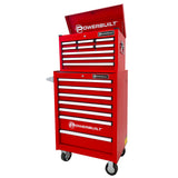 Powerbuilt RS5356 combo: 9-drawer chest + 7-drawer roller cabinet in Racing Red. 34.9kg per drawer, lockable, ball-bearing slides. NZ workshop ready.
