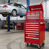Powerbuilt RS5356 combo: 9-drawer chest + 7-drawer roller cabinet in Racing Red. 34.9kg per drawer, lockable, ball-bearing slides. NZ workshop ready.
