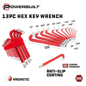 Powerbuilt 13Pc Imperial Hex Key Jumbo Long Ball End Magnetic Wrench Set