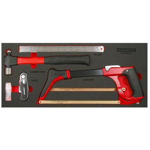 Hacksaw, 8 Blades, 16oz Ball Pein Hammer, 305mm/12" Steel Ruler, Utility Knife with blades  Standard tray dimensions: 570mm (W) x 250mm (D) Standard trays are suggested for use in full width drawers of a Tool Chest or Roller Cabinet.