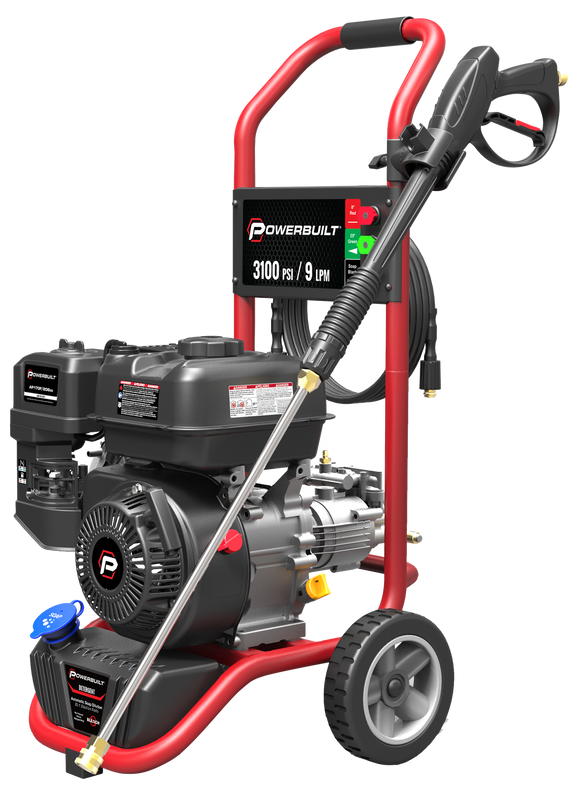 POWERBUILT 3100PSI 9.0l/min Petrol Waterblaster Serious cleaning power 3100 PSI, 9.0L/min (max) 7Hp engine with 7.5m hose, will have you ready to tackle the tough jobs on site, on the farm or around the house