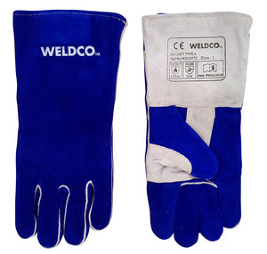 WELDCO Welding Gloves - BLUE 40cm/16" High quality cow split leather for comfort and economy with a reinforced palm to first finger for added durability Seams are sewn with heat resistant Kevlar thread for extra durability Heavy duty welding gauntlet Weldco have you sorted with the right machine, consumables, and safety equipment.