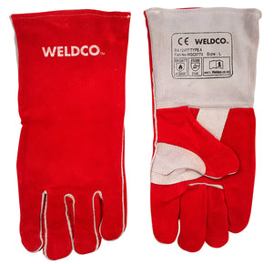 WELDCO Welding Gloves - RED 40cm/16" High quality cow split leather for comfort and economy with a reinforced palm to first finger for added durability Seams are sewn with heat resistant Kevlar thread for extra durability Heavy duty welding gauntlet Weldco have you sorted with the right machine, consumables, and safety equipment.