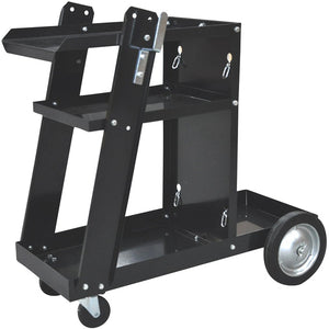 Designed for welder to sit on angled top shelf for easy access to controls Sturdy steel trolley with 3 shelves holds D & E sized gas cylinders  Overall load capacity 45kg Convenient side hooks for cable storage on each side  Two fixed 185mmØ and two castor wheels 75mmØ Overall dimensions: 420mm W x 705mm D x 775mm H Shelf dimensions: 280mm x 450mm Top 280mm x 380mm Middle 290mm x 695mm Base  Assembly is required