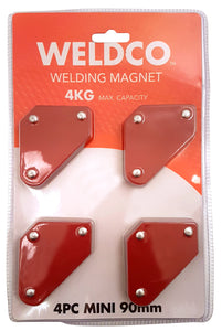 P R E M I U M W E L D I N G MACHINES & CONSUMABLES  Weldco 4pc 90mm Mini Welding Magnets 4kg maximum capacity per magnet Holds work at 45º, 90º, 135º angles  Ideal for welding and assembly applications Durable steel, riveted construction  Weldco have you sorted with the right machine, consumables, and safety equipment.