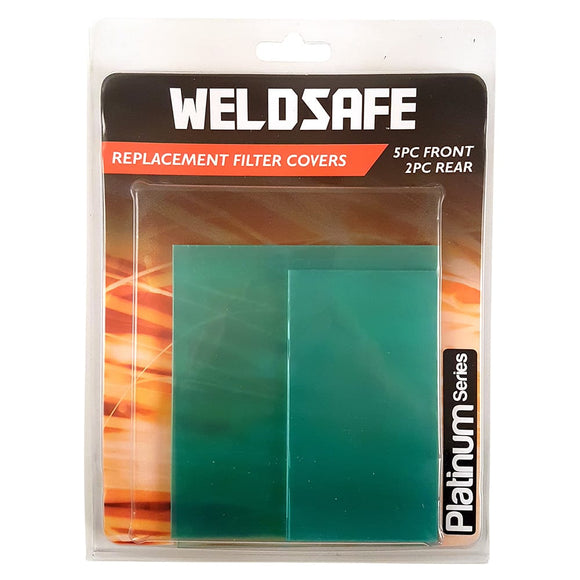 Welding Helmet Replacement Filter Covers Set - Platinum  Compatible with all Weldsafe helmets and many other brands Easy to replace Pack includes 5x Front, 2x Rear Front filter size: 115 x 104mm Rear filter size: 105 x 58mm